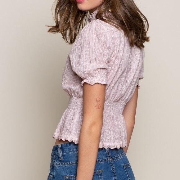 POL VICTORIAN PEPLUM BLUSH RUFFLE HEM LACE TOP - Picture 5 of 8